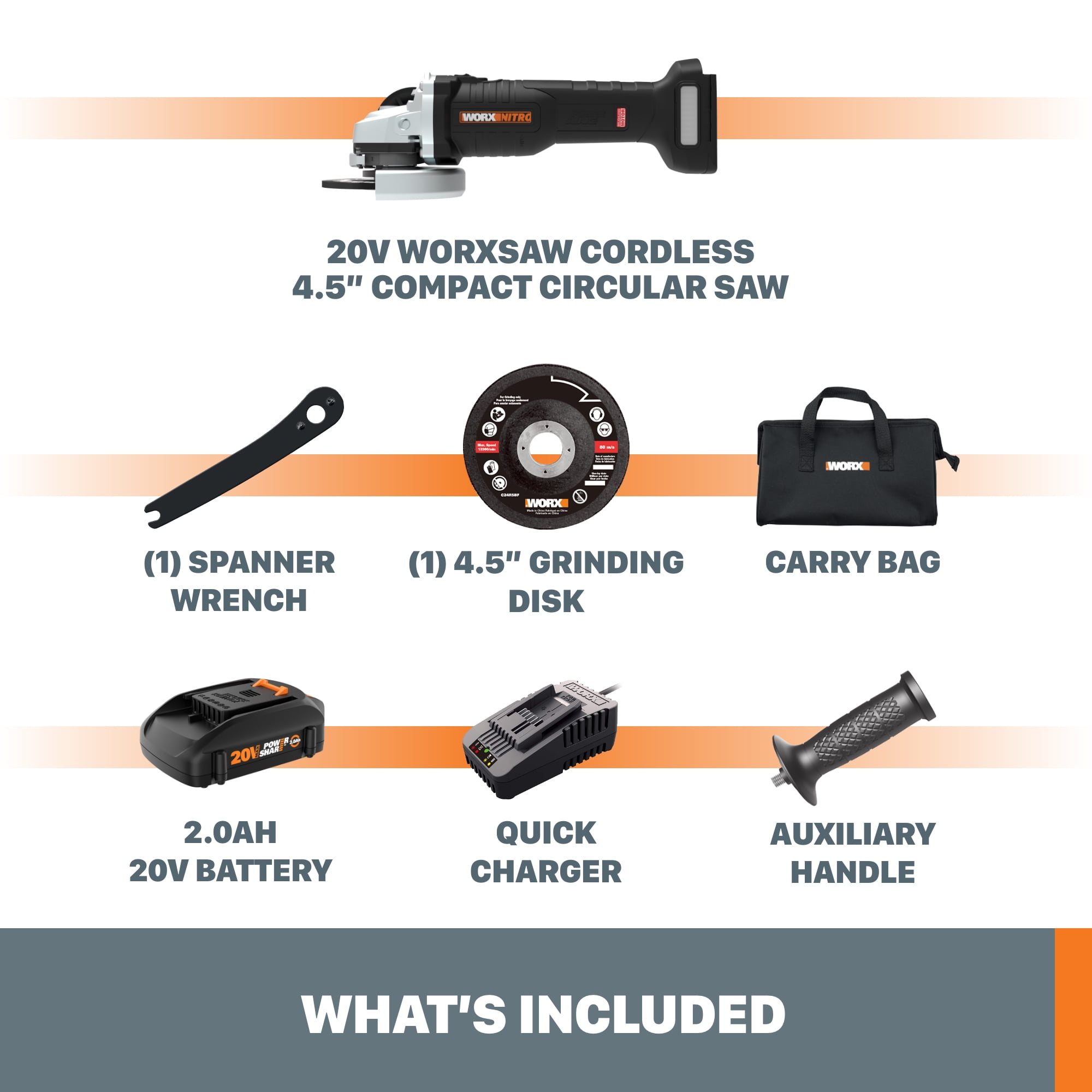 Worx WX812L 20V Power Share 4.5" Cordless Angle Grinder with Brushless Motor (Battery & Charger Included)