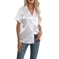 thumbnail image 3 of Fangasis Women Satin Silk Shirt Short Sleeve Shirts Lapel Neck Tops Ladies Loose Blouse Elegant Work White M, 3 of 6