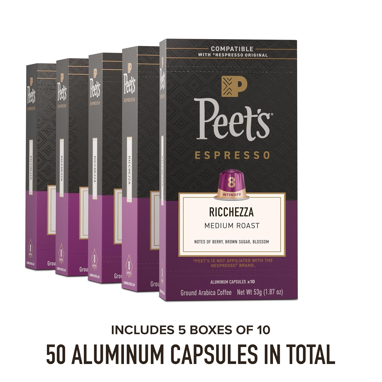 Peet's Coffee, Medium Roast Espresso Capsules, Compatible with Nespresso Original Machine, 100% Arabica Coffee - Ricchezza Intensity 8, 50 Count (5 Boxes of 10 Espresso Capsules)