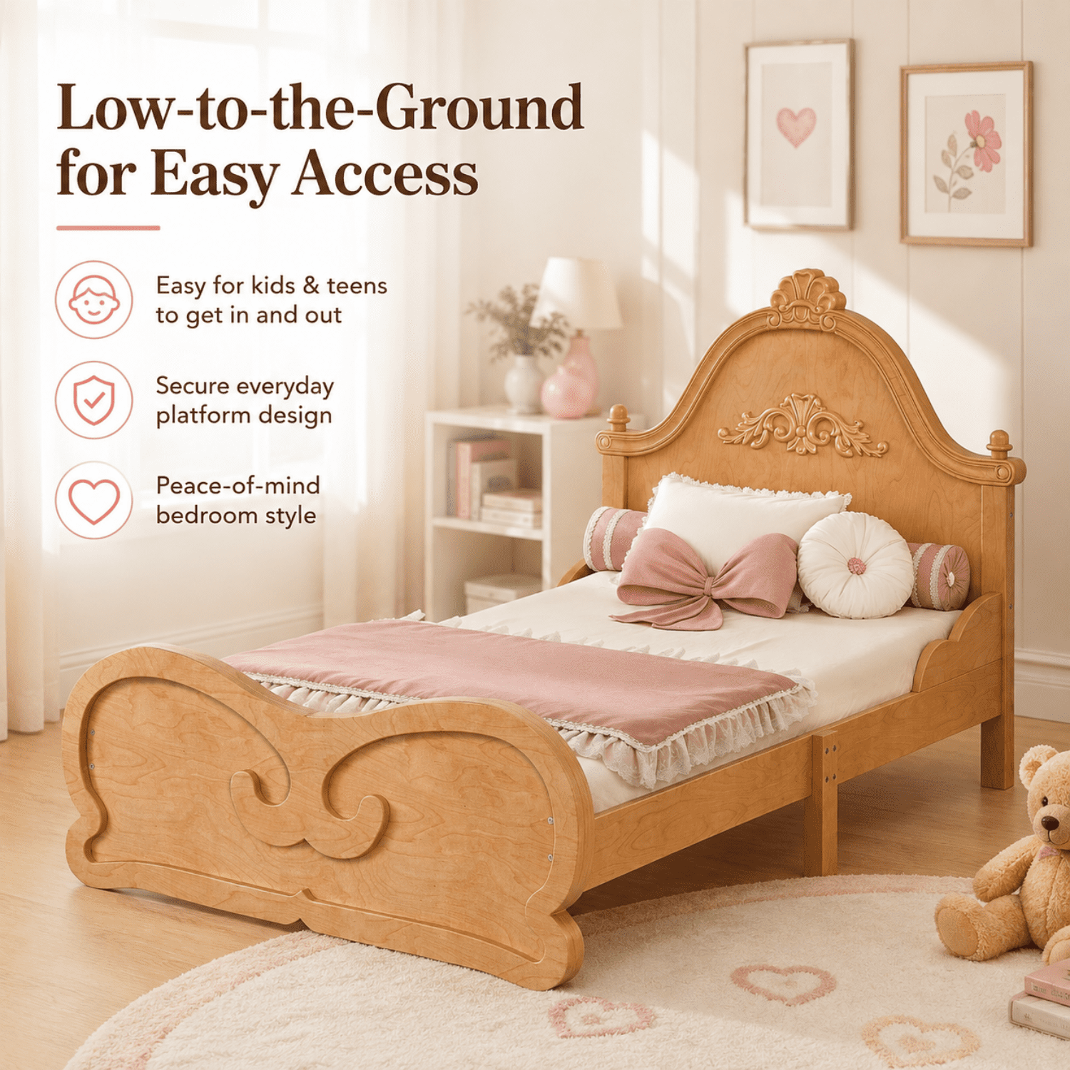 Miniyam Twin Size Kids Platform Bed Frame with Carved Headboard and Footboard, Wood Bed, Natural