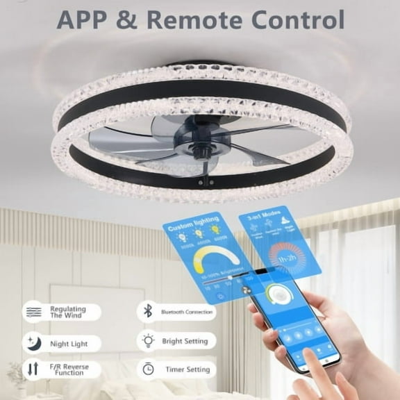 Hi-LIGHTS, 20" Luxury Low Profile Double Ring Ceiling Fan with Dimmable LED Light((APP & Remote Control) with Hidden Blades for Living Room,Bedroom,Dining Room,Study Room,Office(Black).