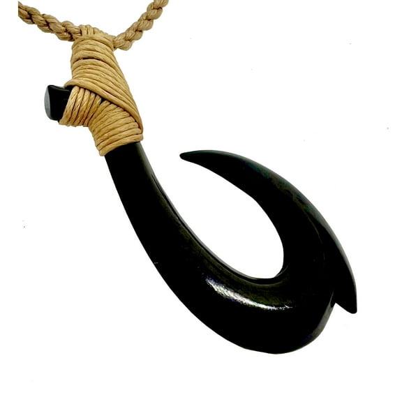 Hawaiian Hand Carved 2 Inch Fish Hook Black Bone Choker Necklace, 28 Inches Fully Adjustable