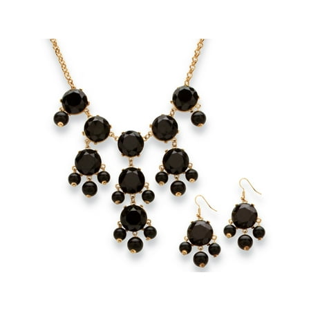 Black Bubble Beaded Necklace and Earrings Two-Piece Set in Yellow Gold Tone