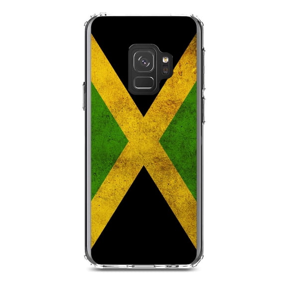 DistinctInk Clear Shockproof Hybrid Case for Samsung Galaxy S9 (5.8" Screen) - TPU Bumper, Acrylic Back, Tempered Glass Screen Protector - Jamaica Old Flag Black Green Yellow - Jamaica