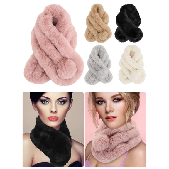 Deago Winter Warm Scarf for Women Fluffy Faux Fur Collar Scarf Cute Soft Comfort Neck Warmer Loophole Scarf with Pom Poms - Black