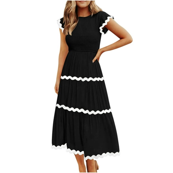 50% off Clear! Tea Length Loose Dress for Women Clearance Dot Print Vacation Ruffle Swing Hem Short Sleeve Clothing Summer Beach V Neck Sundress Retro Boho
