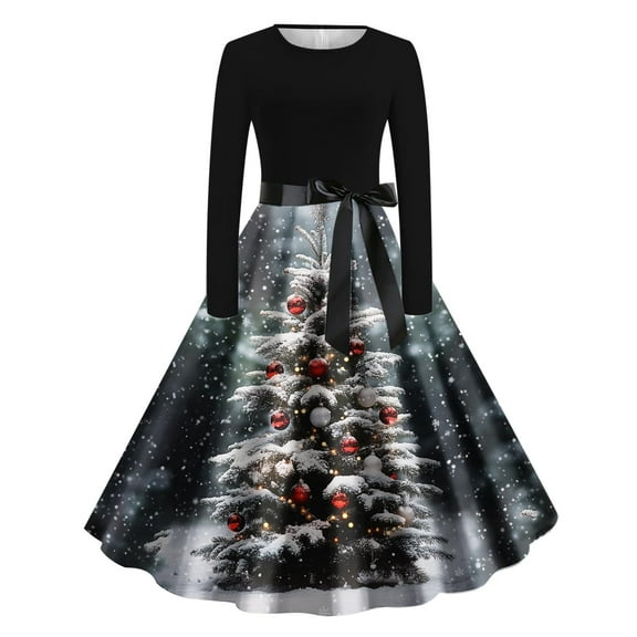 Meichang Women's Cocktail Dress 1950s Christmas Print A-Line Swing Dress Long Sleeve Crew Neck Holiday Party Midi Dresses