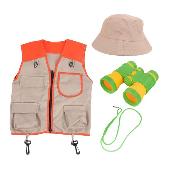 Explorer Disfraz para niños, equipo de campamento, binoculares de sombrero de chaleco, juguete educativo para acampar en el patio trasero juguete para Chaleco naranja
