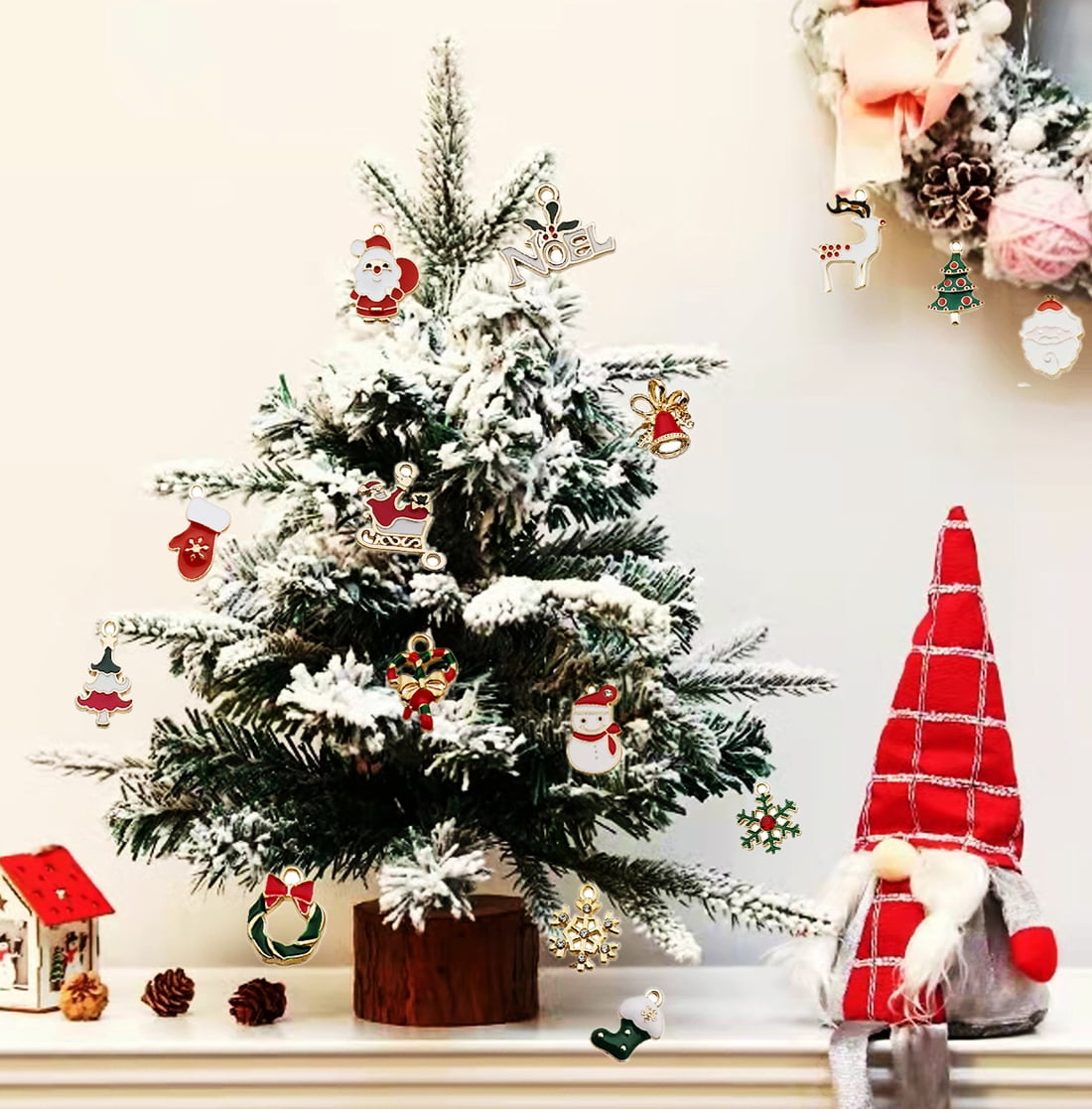 Mini Christmas Ornaments Set for Christmas Tree Decorations Small Tree Metal Miniature Ornaments for Christmas Craft Supplies Tiny Santa Claus Snowman Ornaments 30 Pcs