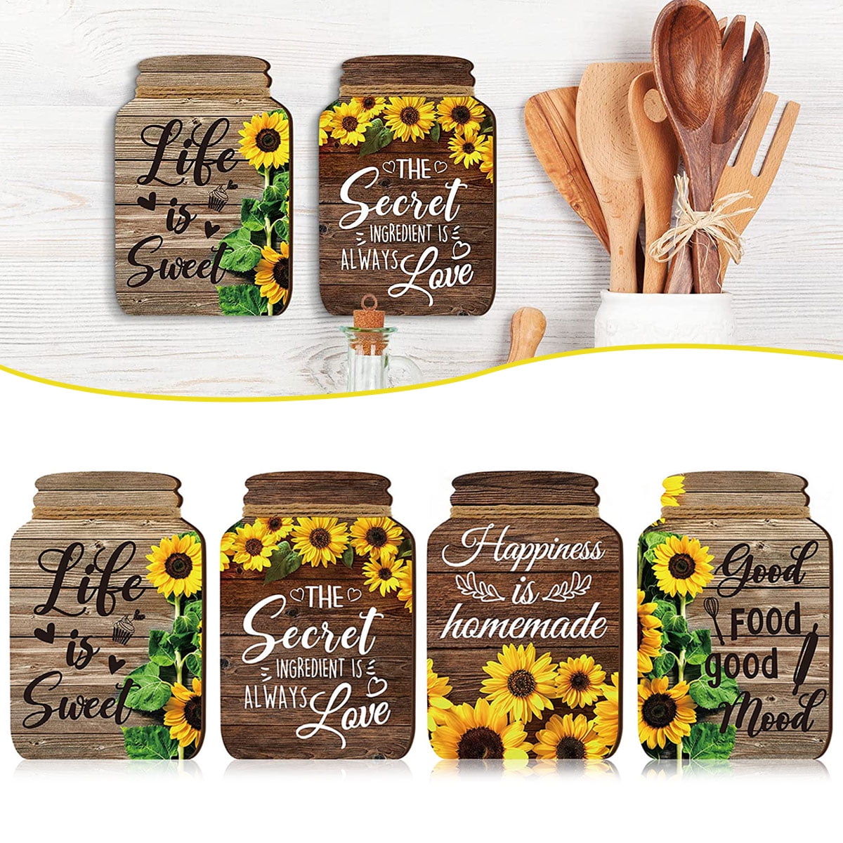 4Pcs Mason Jar Wall Decor Wooden Mason Jar Plaque Rustic Sunflower Wall