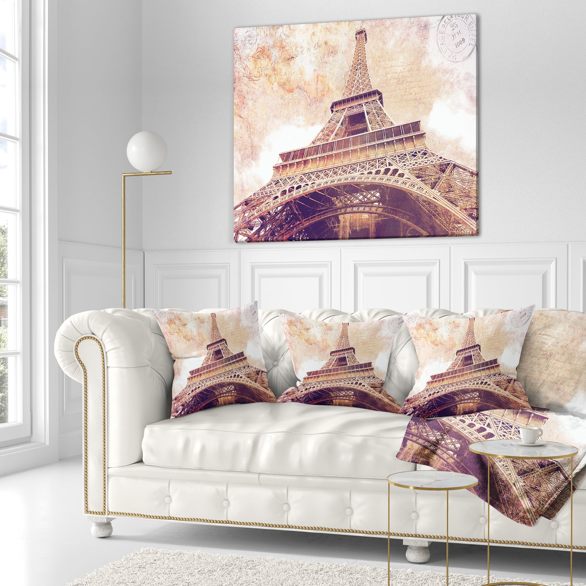 Designart Paris Paris Eiffel TowerParis Postcard Design - Cityscape Throw Pillow - 16x16