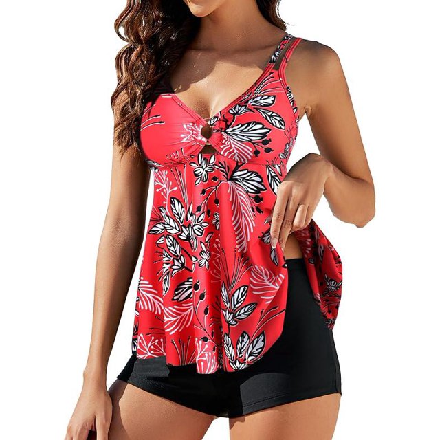 Traje de baño de dos piezas para mujer, traje de baño push up, conjunto de tankini con control de abdomen, ropa de playa de cintura alta, pantalones cortos, traje de baño con dos correas