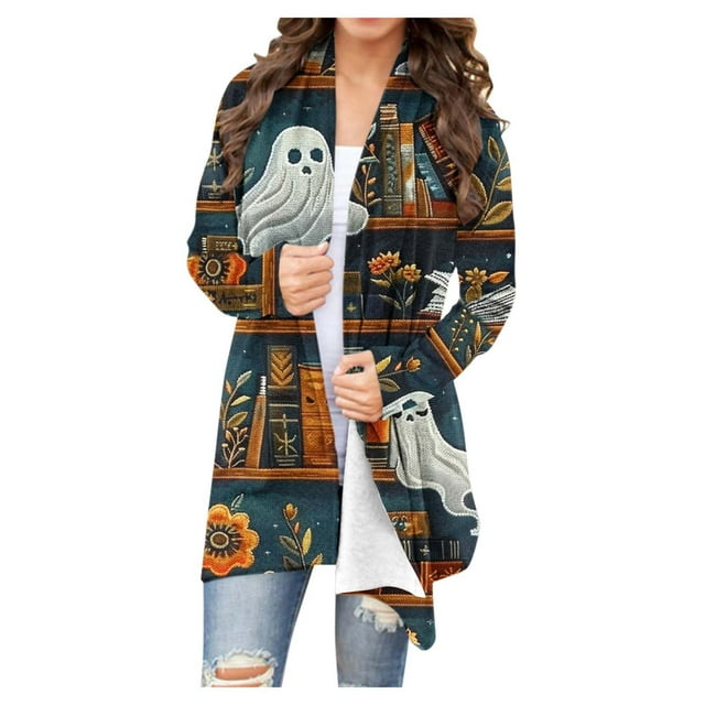 LOVZFMLL Cardigan pour Femmes à Manches Longues Mode Décontractée Imprimé Halloween Blouse Manteau
