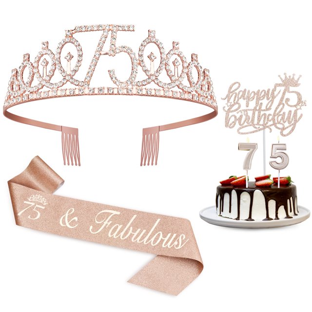 Juesly Decoraciones De 75 Cumpleaños Para Mujeres, Incluyendo Banda De 75 Cumpleaños Para Mujer, Corona/Tiara, Velas De Cumpleaños Y Decoración Para Tarta De 75 Cumpleaños, Oro Rosa, 75 Regalos De Cum