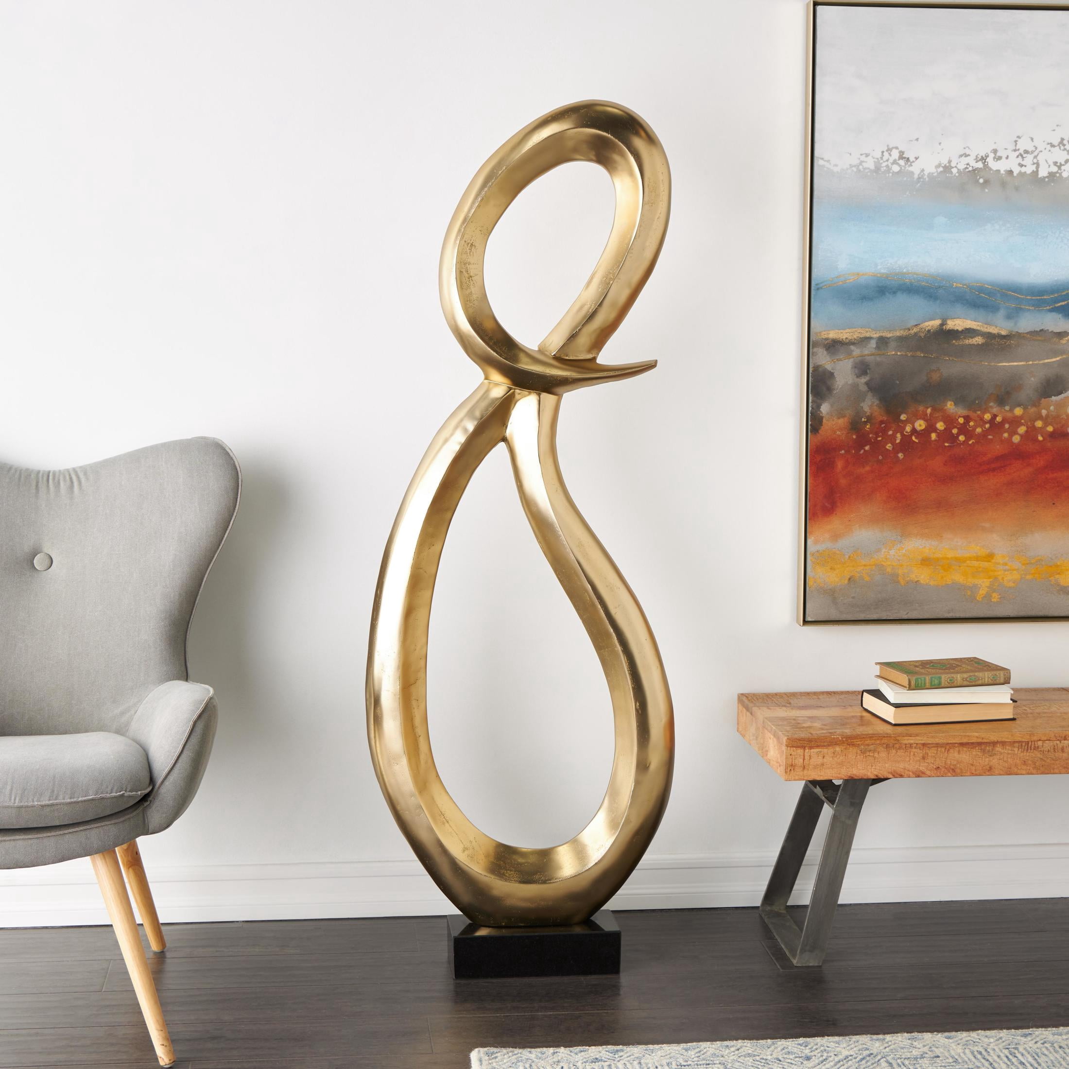 22" x 62" Gold Aluminum Metal Tall Looped Floor Abstract Sculpture with Black Marble Base, by DecMode