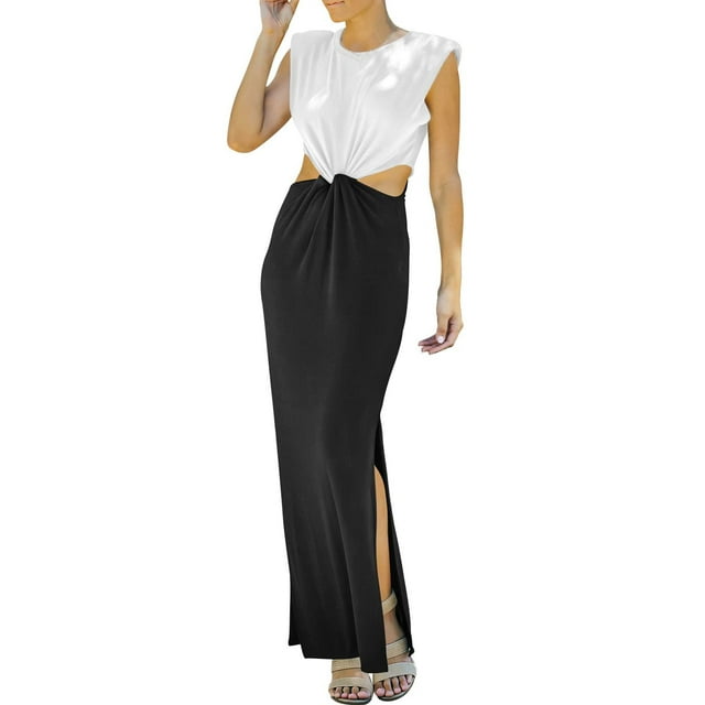 Robe Maxi d'Été pour Femmes Manches Courtes Torsadées devant Découpe Aguichant Longue Robe Col Rond Décontractée Ample Confortable Fendue Robe de Plage