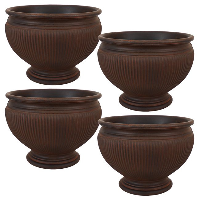 Sunnydaze Weather-Resistant Double-Walled Elizabeth Ribbed Urn Outdoor Flower Pot Planter - 15" - Rust Finish - 4pk