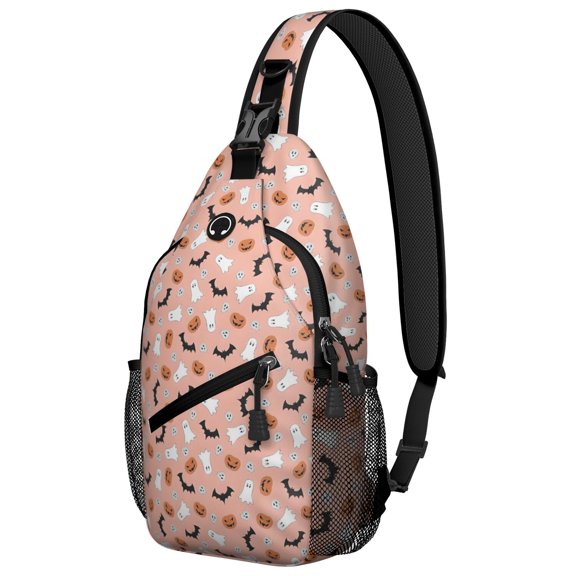 Sling Backpack,Pastel Halloween Ghosts Pattern Sling Bag with Water Bottle Holder,Waterproof Sling Bag for Men/Women with Headphone Jack for Hiking,Travel