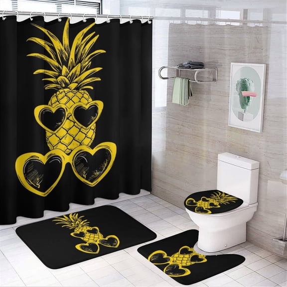 Pineapple 4 Piece Decor Shower Curtains Sets Bath Mat U-Shaped Floor Mat Toilet Lid Oval Rug Positive Summer Fruit Waterproof Personality Pattern Bath Curtain for Bathtub Decor
