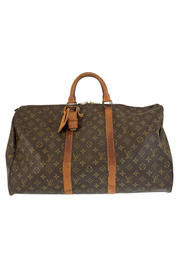Pre-Owned LOUIS VUITTON Monogram Keepall 50 Brown Leather Boston Bag with Gold Hardware,...