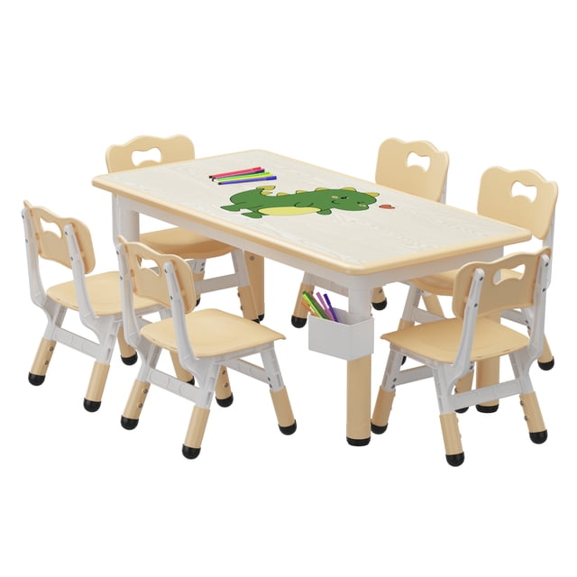 Towallmark Juego de Mesa y 6 Sillas para Niños Ajustable en Altura con Diseño de Graffiti, Fácil de Limpiar, Patas Antideslizantes y Caja de Almacenamiento, Ideal para Guardería, Aula y Hogar, beige