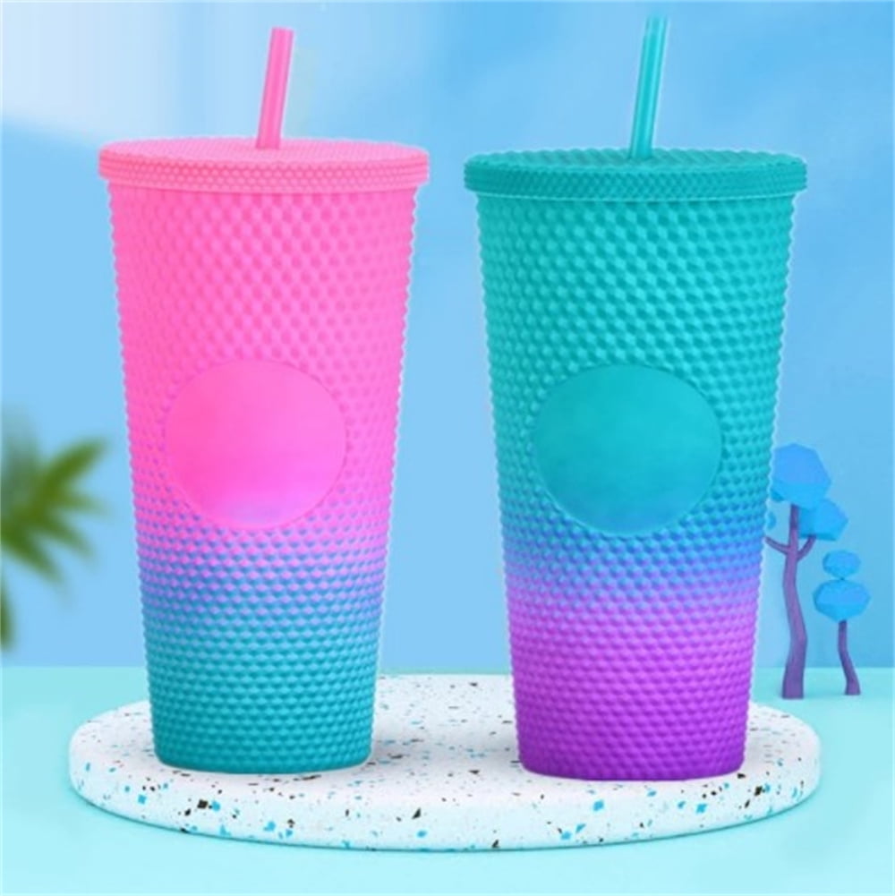 1Pc Plastic Cherry Blossom Cup with Lid and Straw Reusable Iced Coffee Cups  Double Wall Smoothie Cup, Gifts for Women Men, Purple
