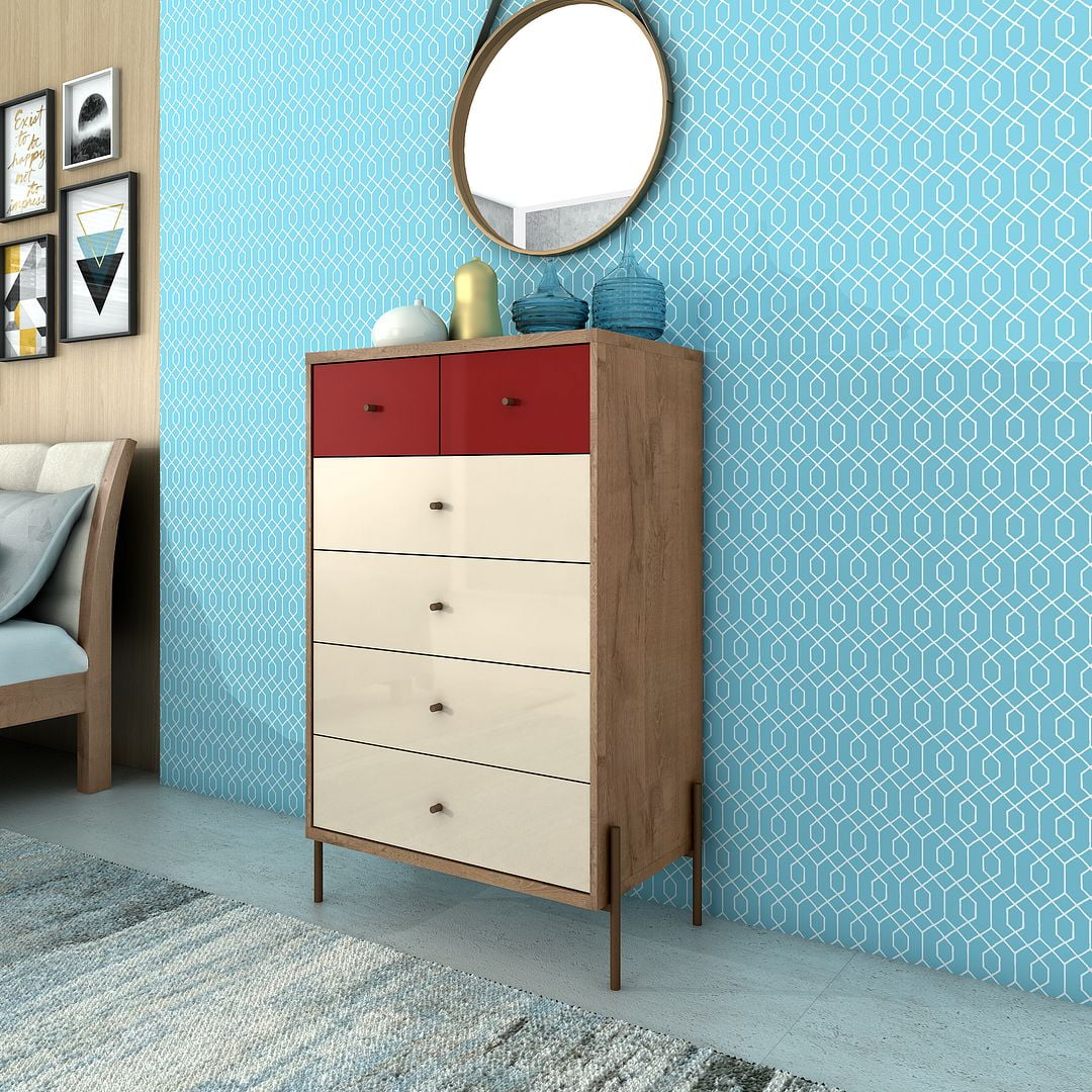 Manhattan Comfort Joy 48.43" Tall Dresser with 6 Full Extension Drawers in Red and Off White