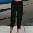 thumbnail image 2 of YUGYXL Summer Linen Capri Pants for Women Irregular Hem Cropped Pants Button Stretch Waist Capri Pants Dressy Office Pants Black L, 2 of 7