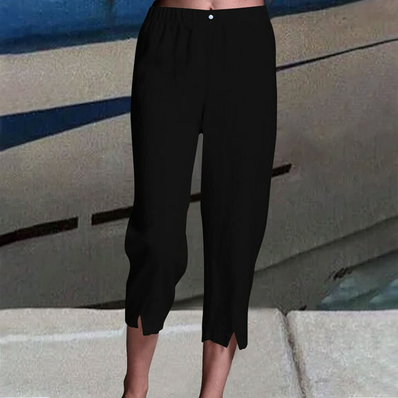Ndbuld Capri Leggings for Women Ladies' Solid Color Elastic Waistband Cotton Linen Casual Straight Leg Pants with Pockets And Inch Pants Legs Split BlackM