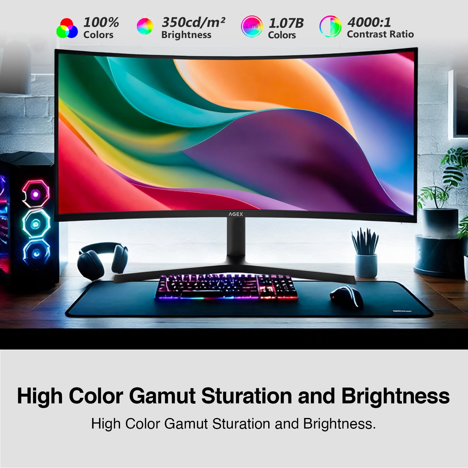 AGEX 34-Inch Curved Ultrawide Gaming Monitor - WQHD 3440x1440, 240Hz, 1ms, VA Panel, HDR, FreeSync, 100% sRGB, HDMI/DP Ports