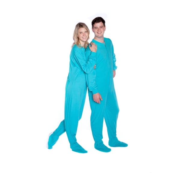 Big Feet PJs Turquoise Jersey Knit Adult Footed Pajamas with Rear Flap, 100% Cotton, Unisex, Non-Skid Soles, Sizes XS-XXL