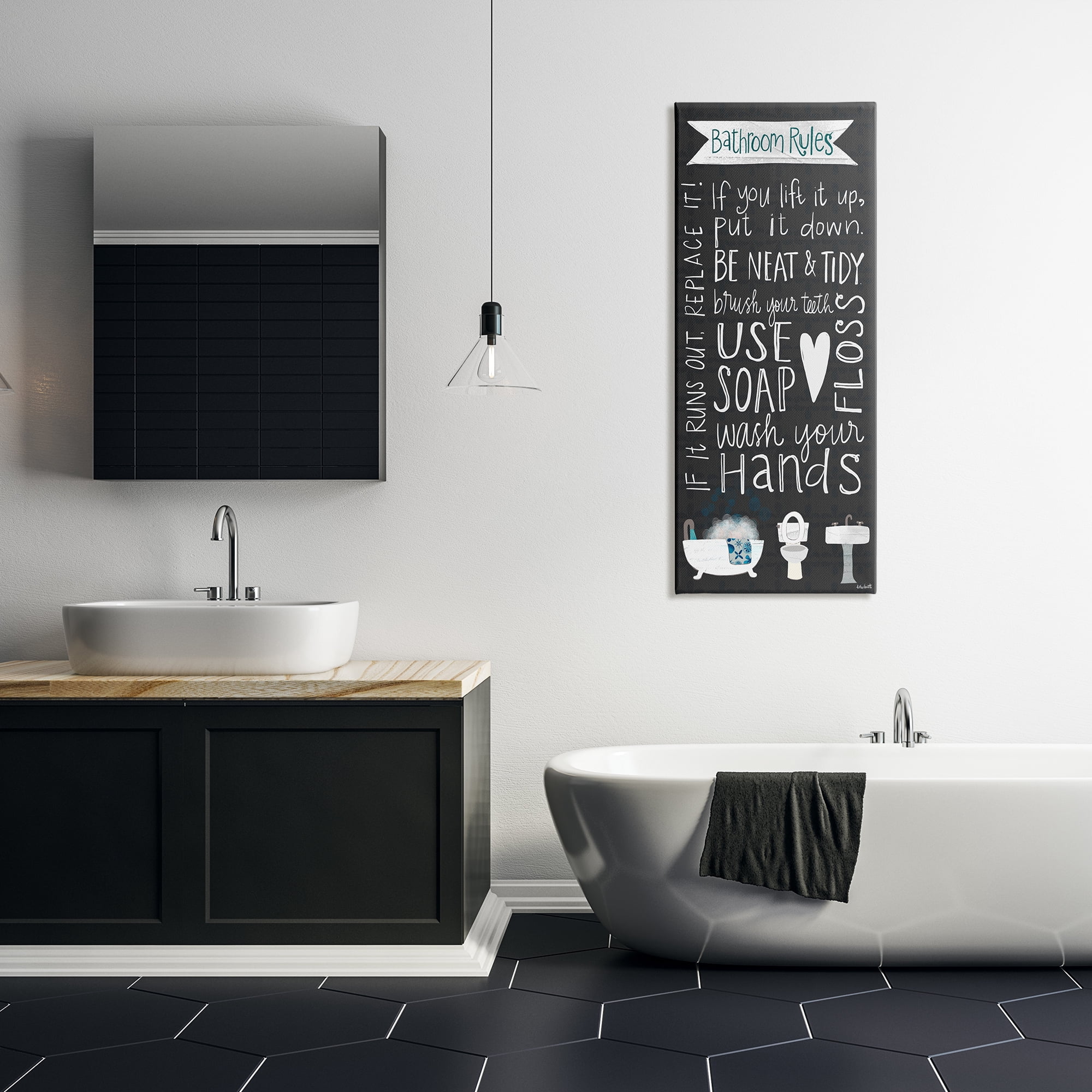 Stupell Industries Bathroom Rules Sign Whimsical Tub Toilet Sink Design by Katie Doucette, 20" x 48"
