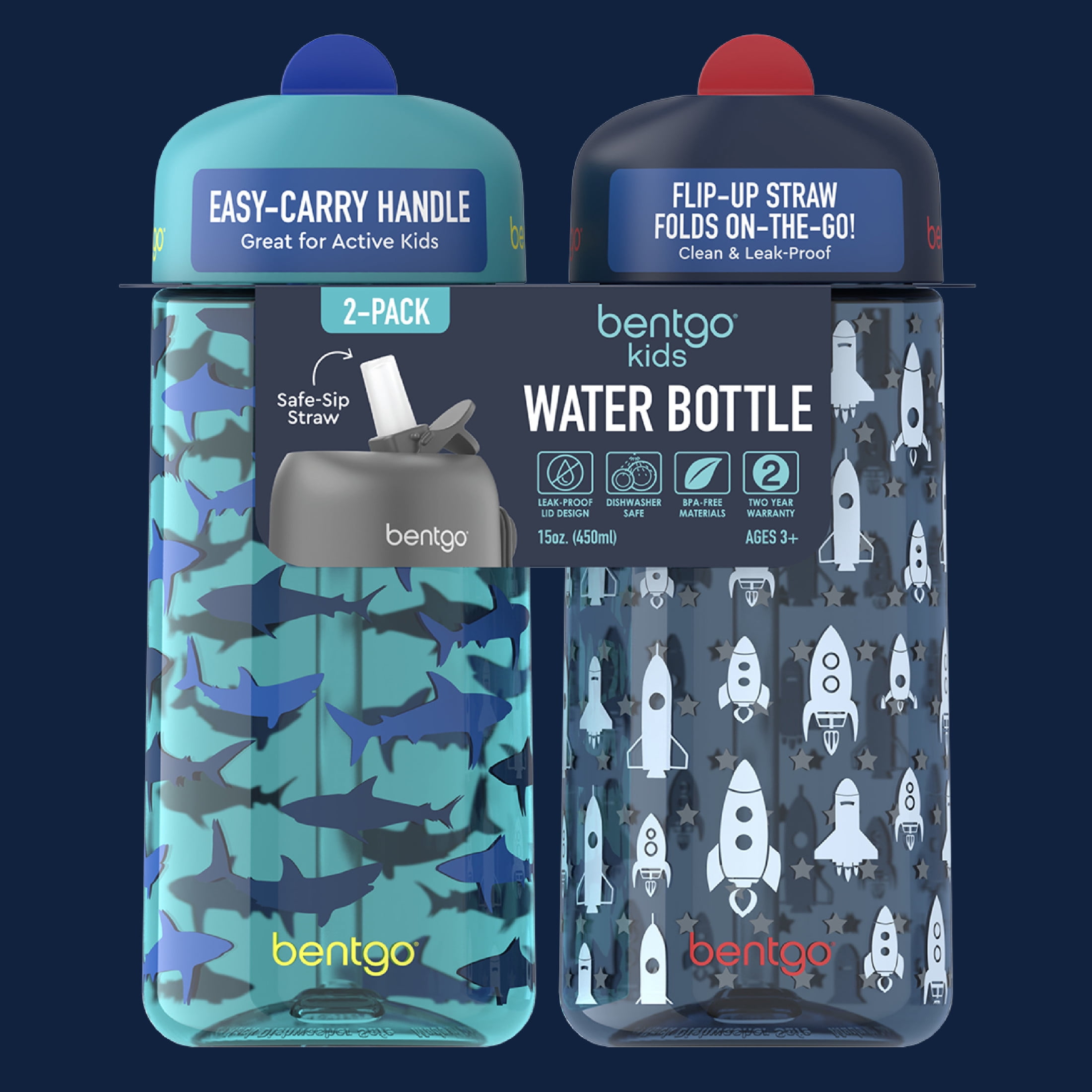 Bentgo Kids Water Bottle 2-Pack - Leak-Proof, Durable Tritan, BPA-Free 15 oz. Cup for Kids/Toddlers Ages 3+, Safe Sip Spout, & Dishwasher Safe for School/Sports/Daycare/Camp (Rocket/Shark)