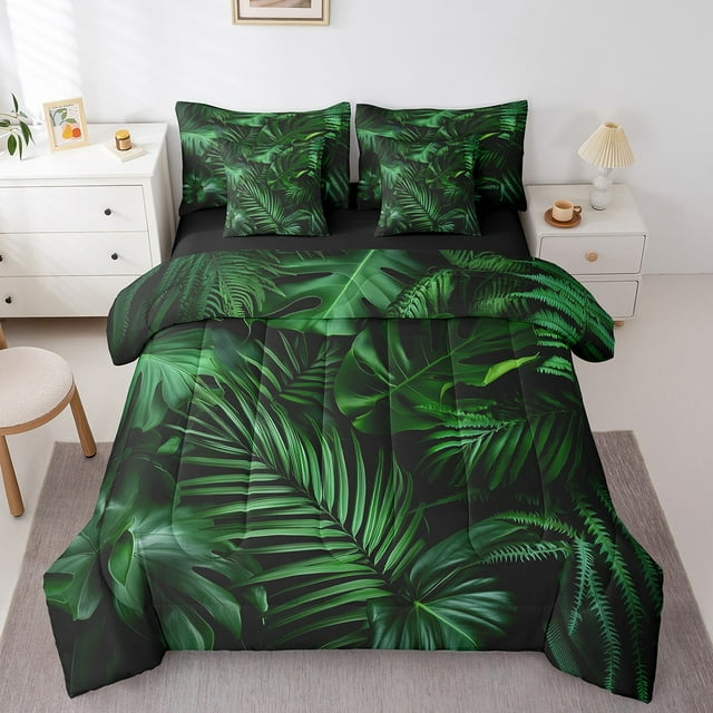 YST Palm Leaves Sheet Set With Comforter 7 Piece, Green Leaf Bedding Sets Queen Size Tropical Botanical Bed In A Bag For Kids Teens Adult, Vegetation Rustic Bed Set With 2 Pillow Cases