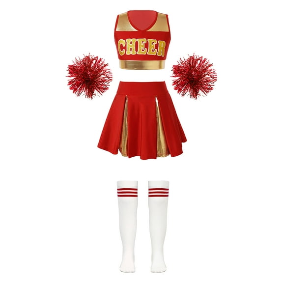 iiniim Kids Girls Cheer Leader Crop Top with Pleated Skirt Pom Pom Socks Party Dancewear Red B 10