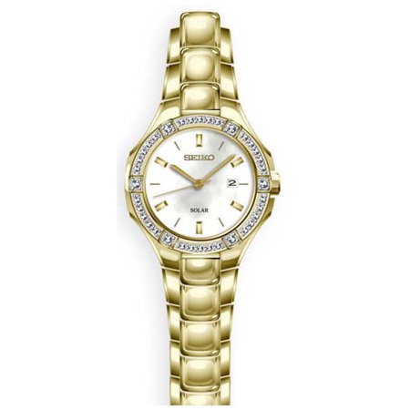 - Seiko Womens Solar Date Crystal Sport Stainless Steel Case and Bracelet Pearl Dial Gold Watch - SUT284