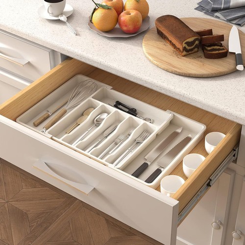 Colourtree White Utensil Organizer for Kitchen Drawers, Expandable Cooking Utensil Tray, Adjustable Cutlery Silverware Flatware Holder, Plastic Kitchen Spatula Tools and Gadgets Storage Divider