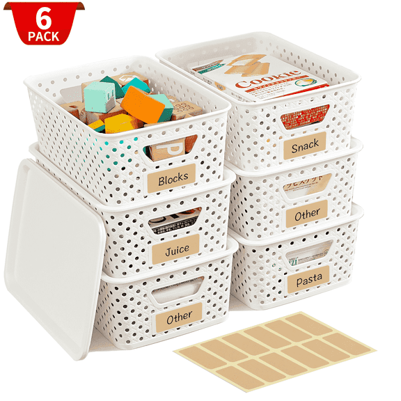 VOZOGO 6PCS Small Plastic Storage Basket with Lid Plastic Storage Bins with Labels Stackable Container for Organizing Storage Box for Shelves Office Cabinet Drawer,Cream White