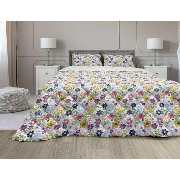 Floral Comforter & Sham Bedding Set, Image of Colorful and Translucent Flowers with Ornamental Art in Continuous Pattern, 3 pcs Duvet Set Microfiber Filling Quilt, 5 Sizes, Multicolor, by Ambesonne