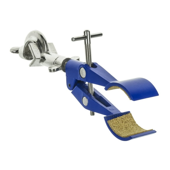 2 Prong, Cork Lined, Burette, Flask, Beaker Clamp on Swivel Bosshead - 4.3" Max Clamp Opening, Bosshead fits up to 18mm Rods - Zinc Alloy Clamp - Research, Industrial Laboratory Grade -  Eisco Labs