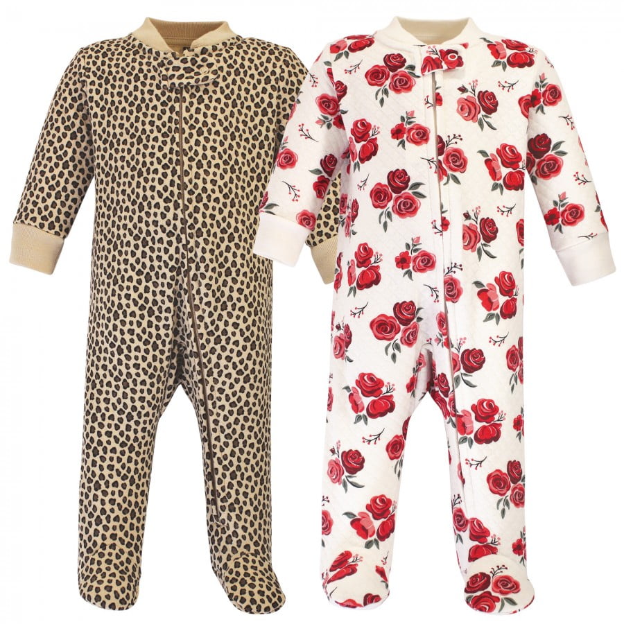 Hudson Baby Infant Girl Premium Quilted Zipper Sleep and Play 2pk, Rose Leopard, 6-9 Months
