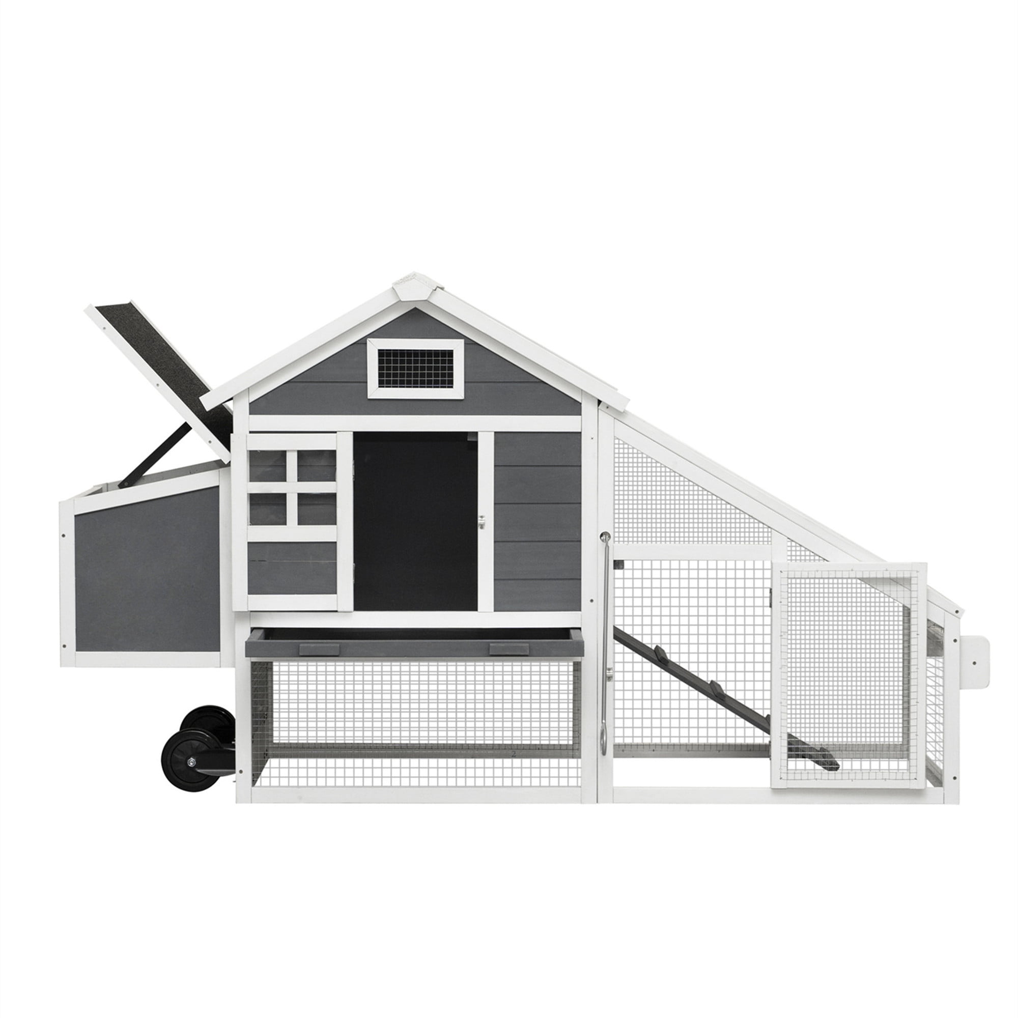 Aukfa 71" Chicken Coop Wooden Poultry Cage with Wheels & Nesting Box for Outdoor, Gray