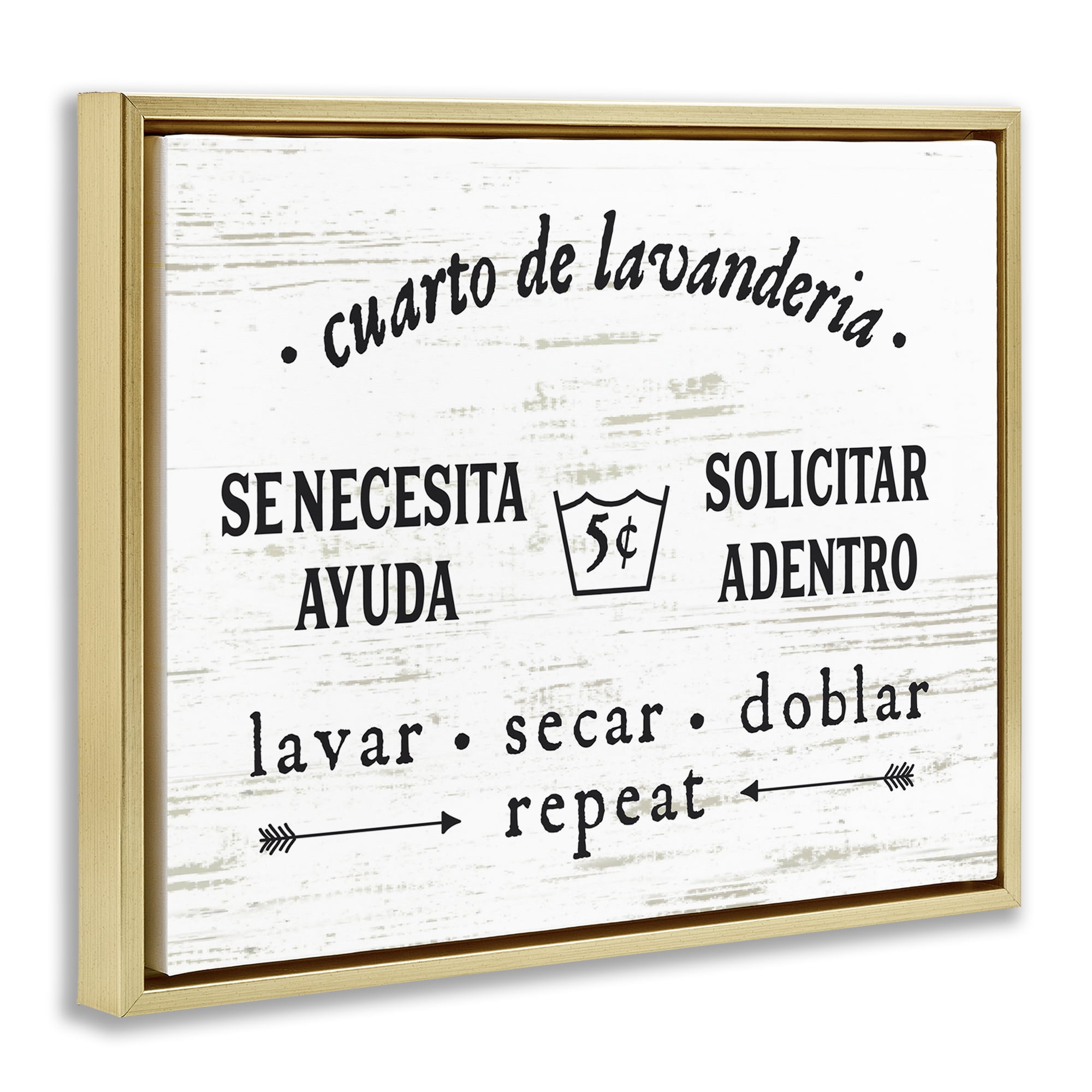 Stupell Industries Cuarto de Lavandería Bath & Laundry Painting Gold Floater Framed Art Print Wall Art, 21 x 17