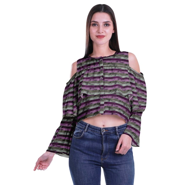 Moomaya Button Front Cold Shoulder Top Printed Casual Loose Blouse Short Top