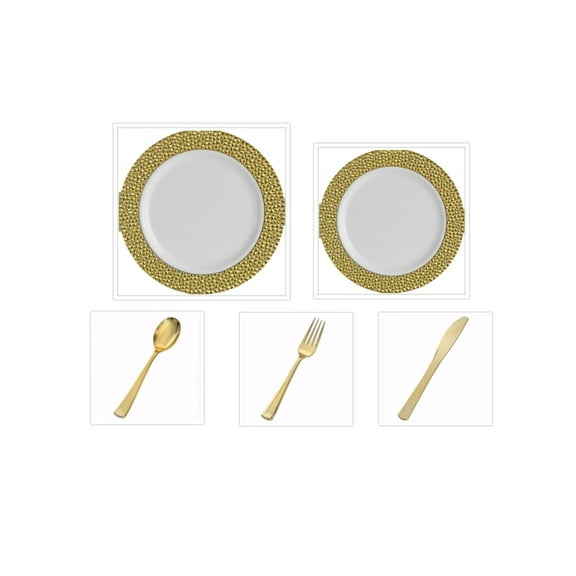 Hammered Collection White w/Gold Hammered Border China-Like Plastic 10" Dinner Plates   7" Salad Plates   Cutlery *Party of 100*