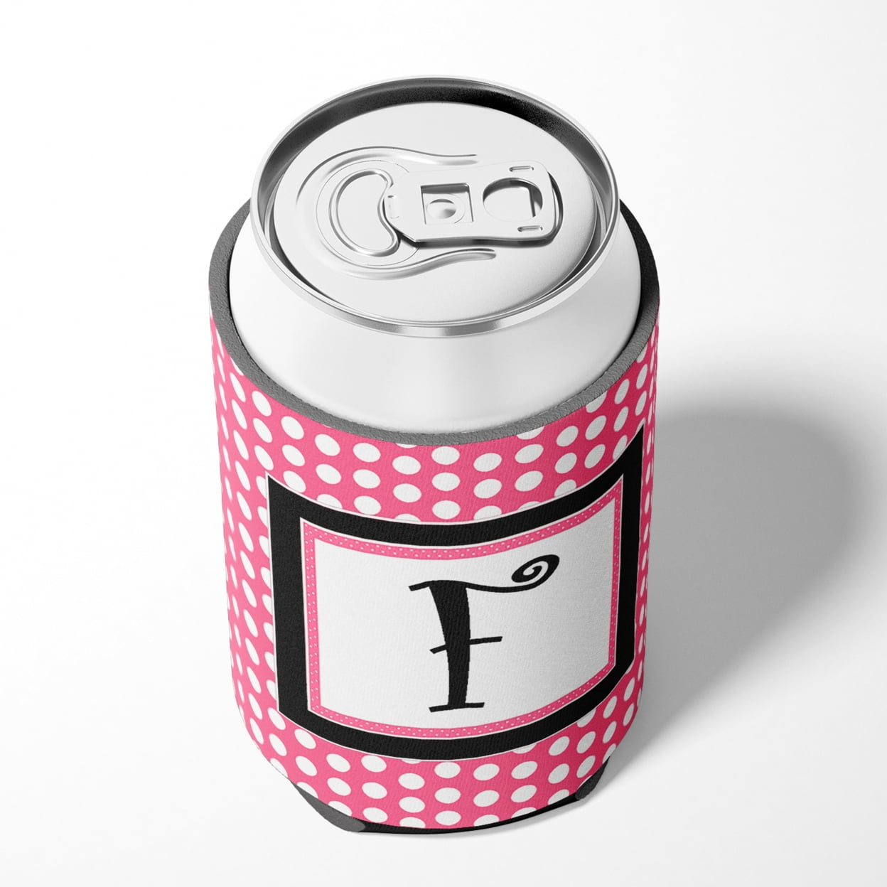 Letter F Monogram - Pink Black Polka Dots Can or Bottle Hugger