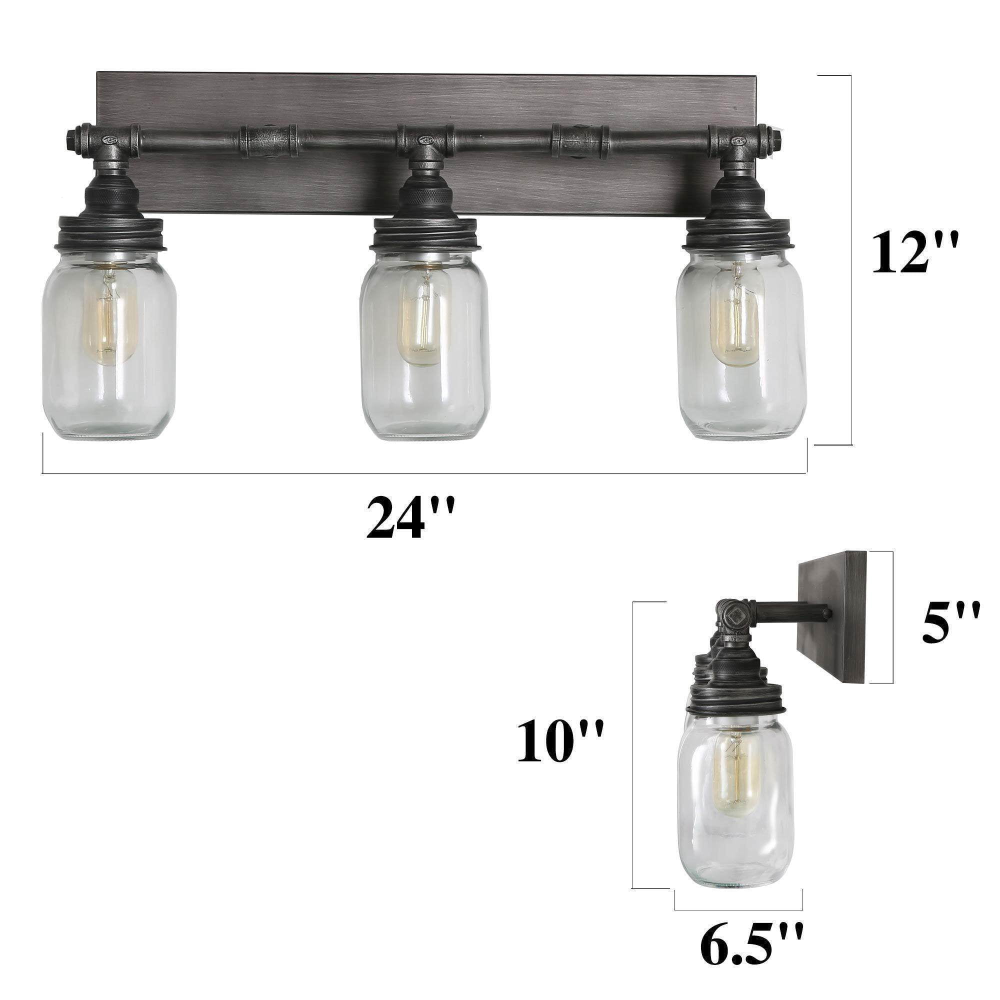 LNC 3-Light Brushed Gray Farmhouse Bathroom Vanity Light with Mason Jar Glass