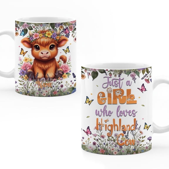 Personalized Highland Cow White Ceramic Mug (11oz), Cute Cow Coffee Mug, Farm Animal Lover Gift Mug