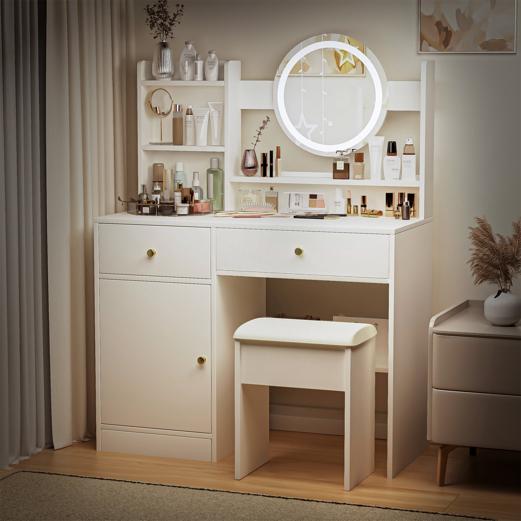 Alvantor Makeup Vanity Desk with Mirror and Lights, Adjustable Brightness Dressing Table with Cushioned Chair, White