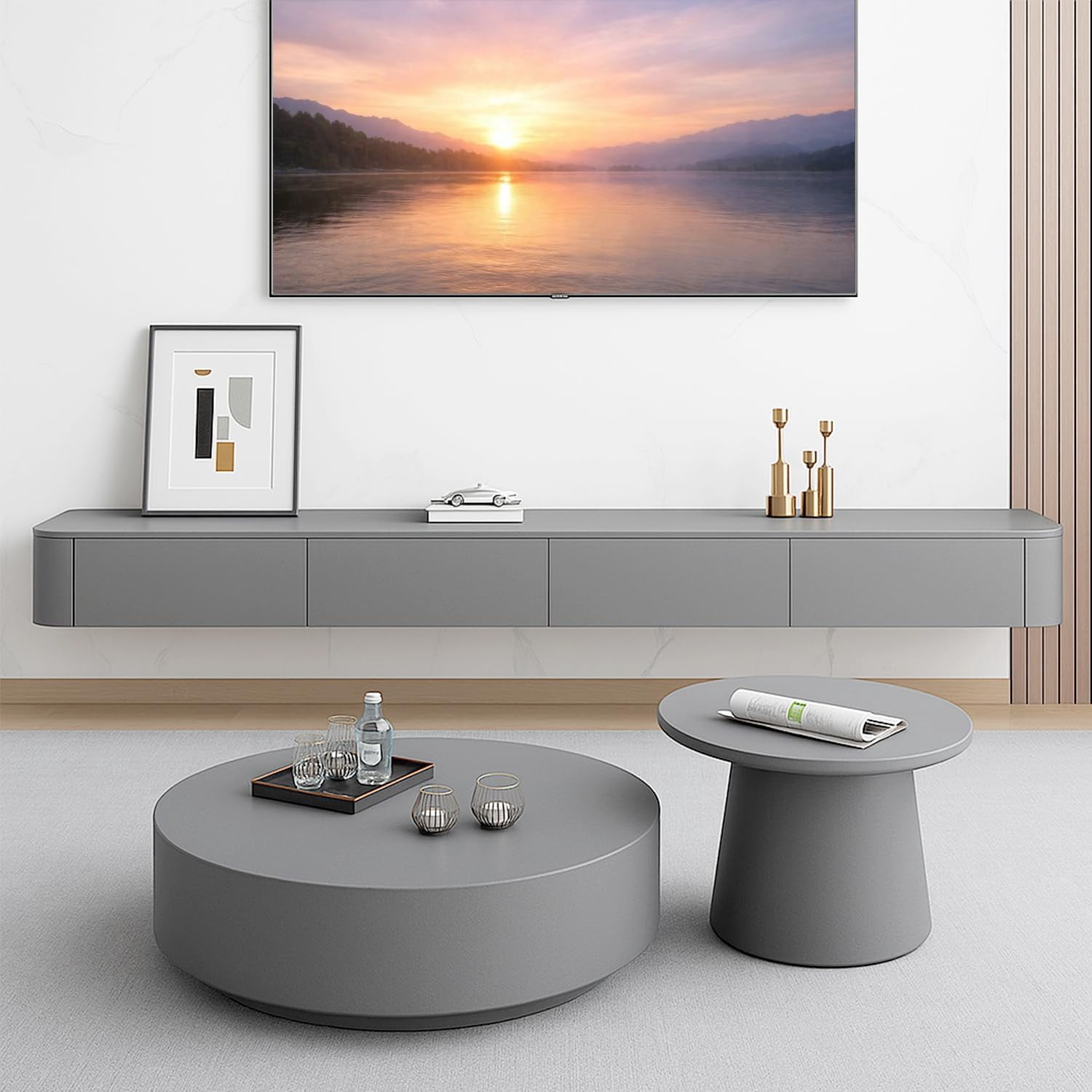 Modern Floating TV Unit with LED Lighting | Wall-Mounted Entertainment Media Console | Large Storage TV Bench for Living Room & Office (Gray, 110.2'')